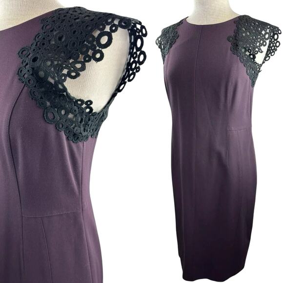 Akris Punto Sheath Dress Crochet Mesh Cap Sleeves Eggplant Purple Women's Size 8 - Picture 16 of 16